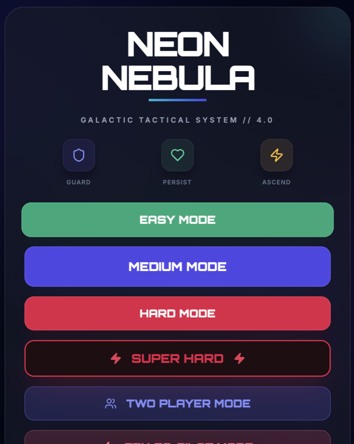 The Neon Nebula title screen, with buttons for Easy, Medium, Hard, Super Hard and Two Player mode